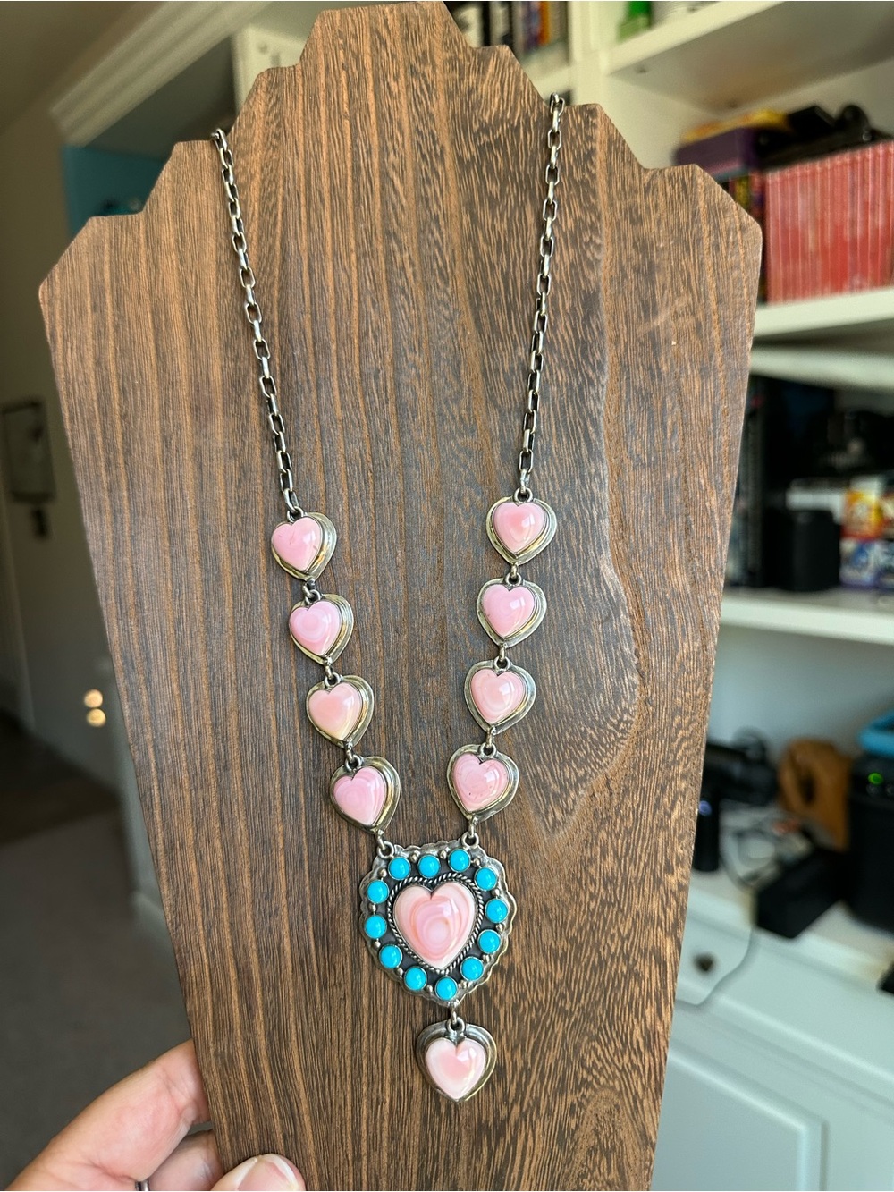 Authentic Pink Conch & Turquoise Sterling Silver Lariat Necklace